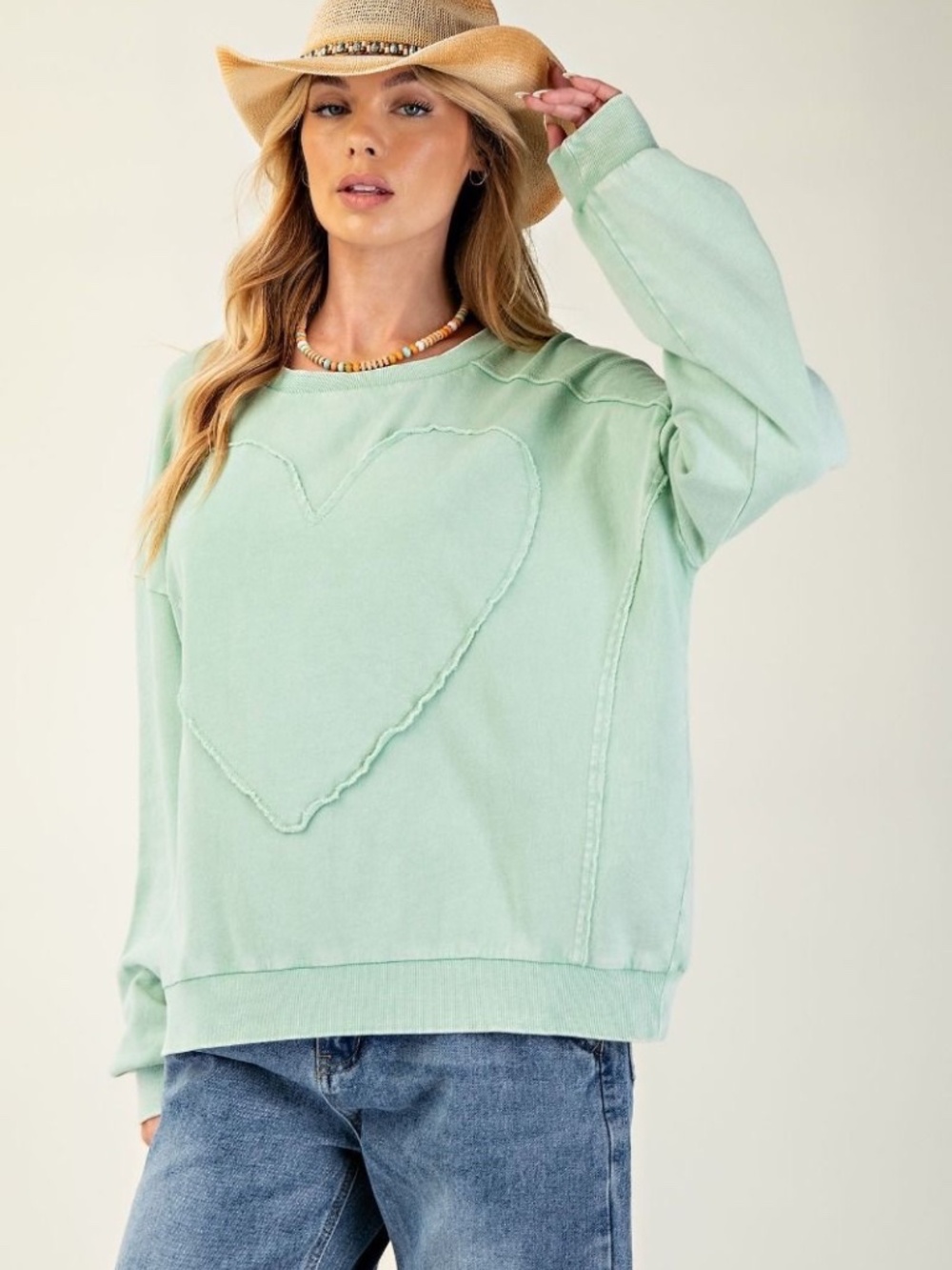 NEW EASEL WASHED TERRY KNIT PULLOVER HEART SWEATSHIRT TOP GREEN PLUS SIZE MINT - Picture 4 of 5